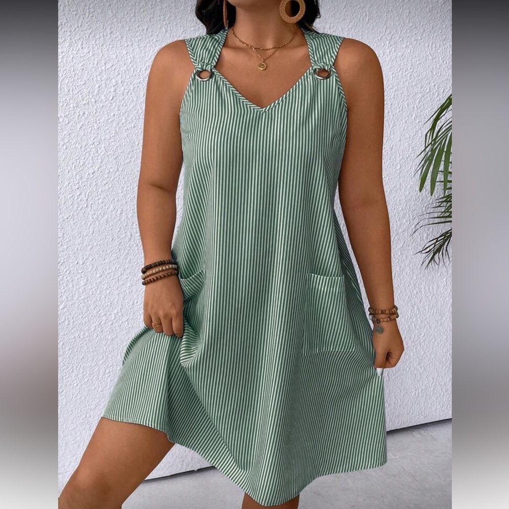 SHEIN Green Striped Mini Dress with Ring-Strap Detail